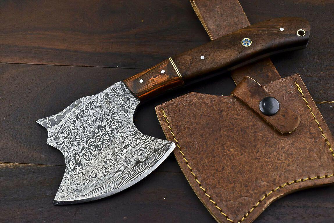 Rare Handmade Damascus Steel Walnut Wood Hunting Clever Chopper Axe Knife with Leather Sheath