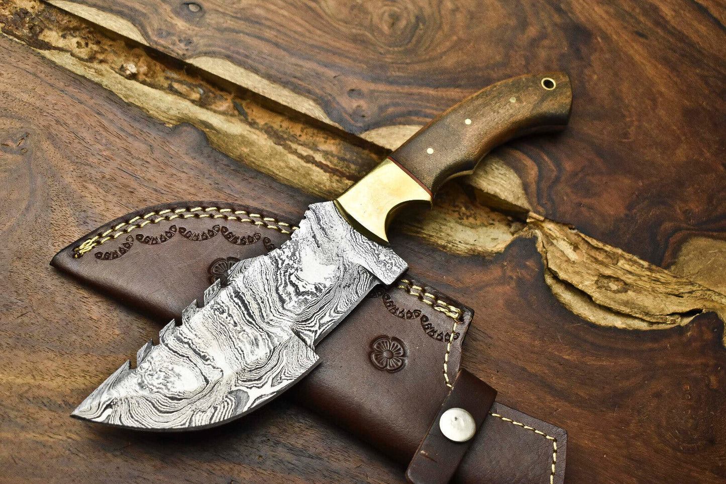 Rare Handmade Damascus Tracker Knife – Full Tang Camping, Hunting & Survival Knife with Leather Sheath