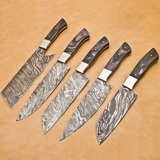 Rody Stan Handmade Damascus Chef Knife Set – 5 PCS Full Tang, 1095 Steel, Hardwood Handle