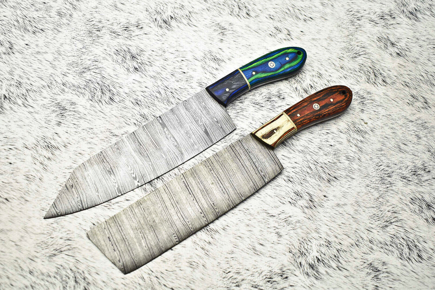 Set of 2 Handmade Damascus Steel Full Tang Chef Knives – Professional Kitchen Knife Set