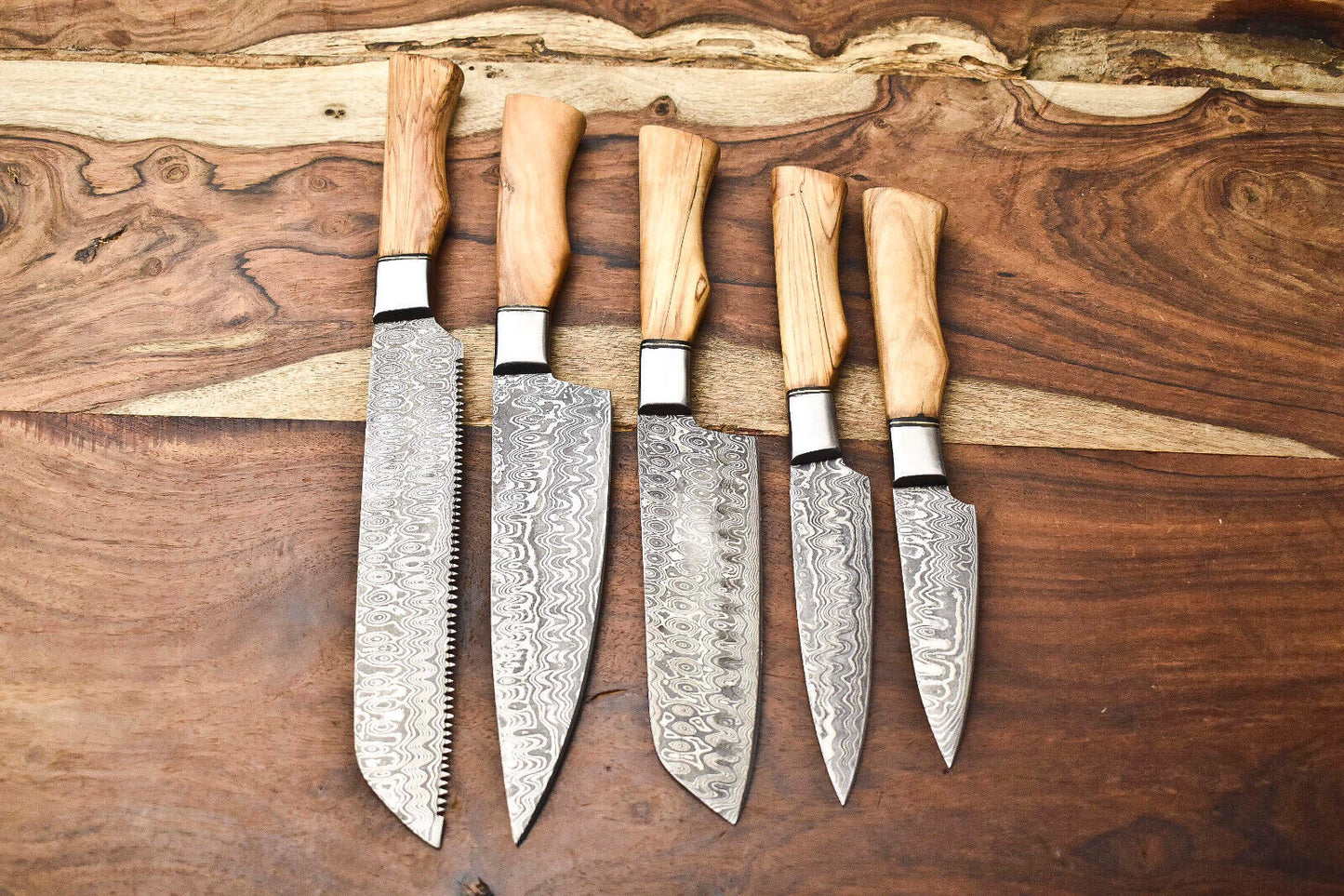 Set of 5 Handmade Hammered Damascus Steel Chef Knives – Premium Damascus Blades