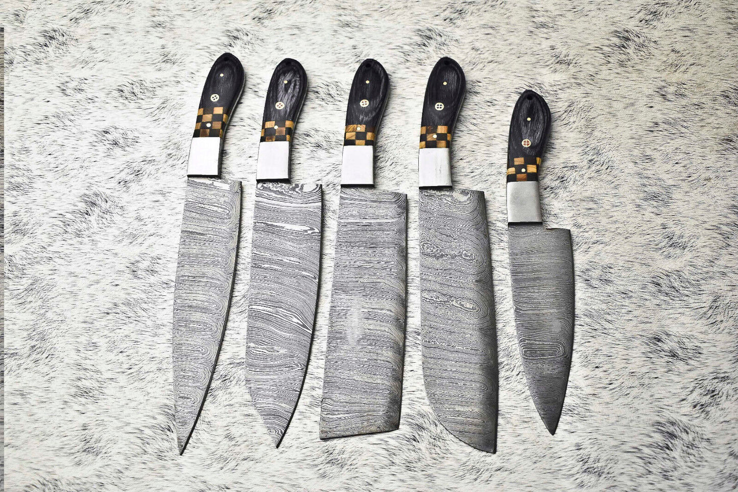 Stunning 5-Piece Handmade Hammered Damascus Steel Chef Knife Set – Custom Lot