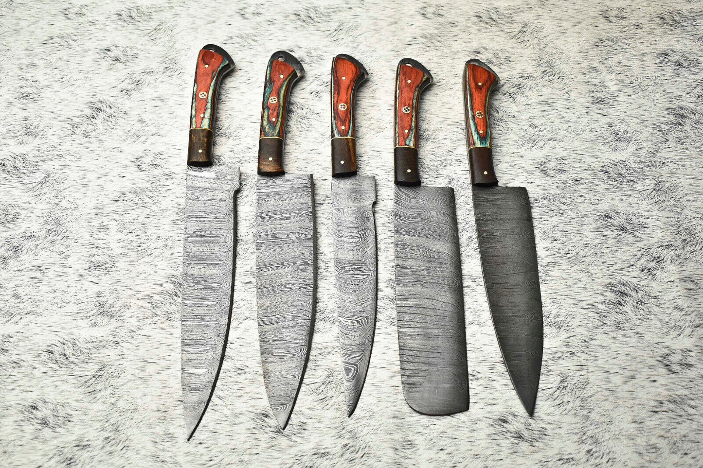 Stunning Custom Lot of 5 Handmade Hammered Damascus Steel Blade Chef Set Knives
