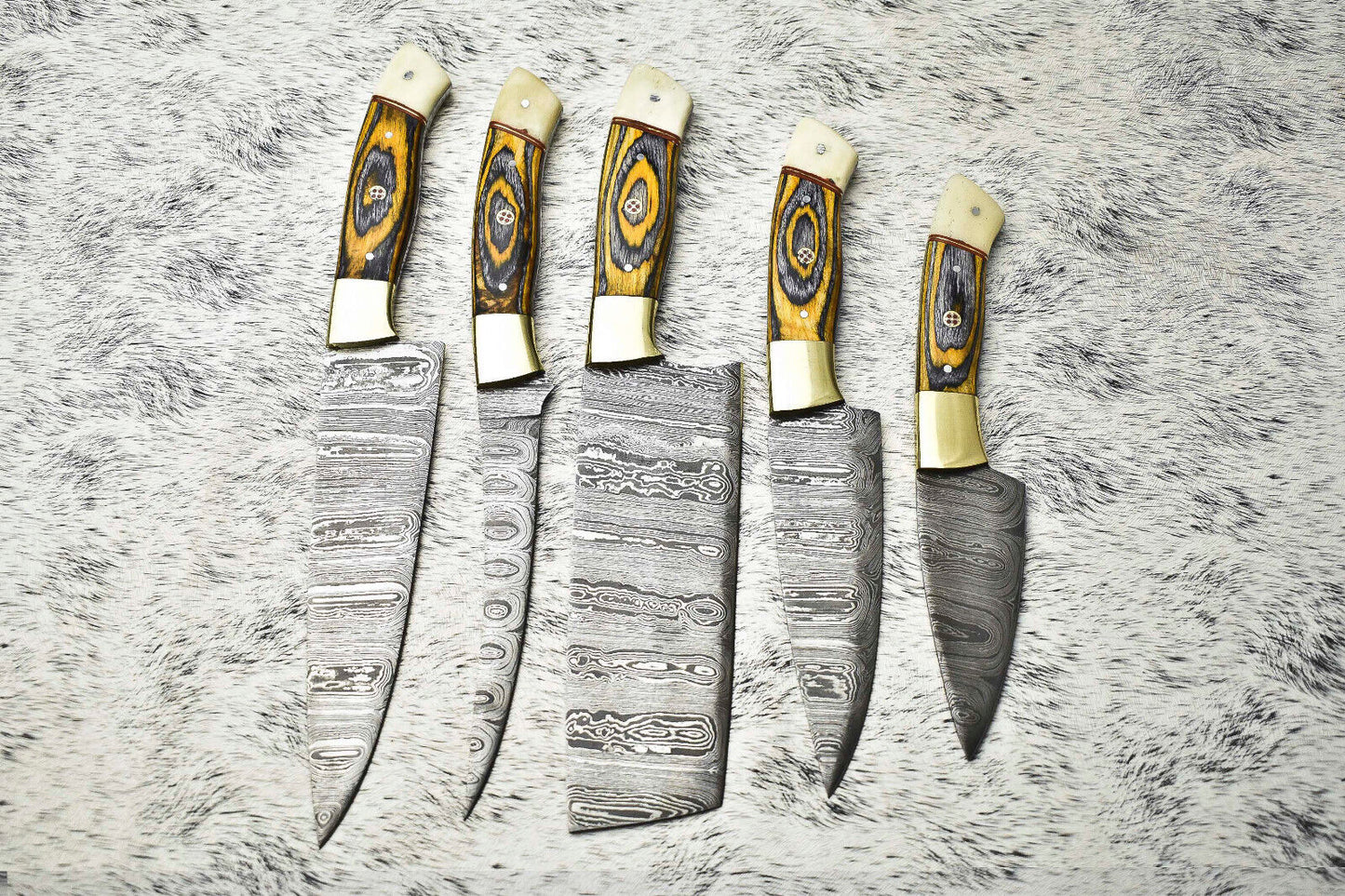 Stunning Handmade Hammered Damascus Steel Chef Knife Set – 5-Piece Custom Collection