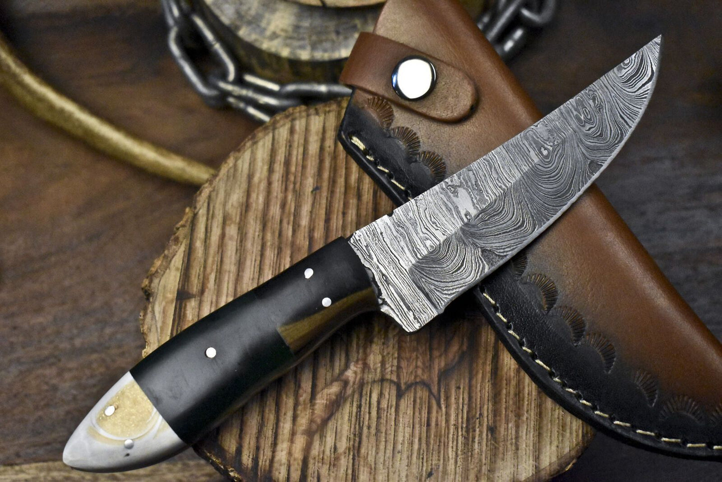 Twist Damascus Skinner Knife with Corain Handle and Micarta Bolster – Handmade EDC Fixed Blade