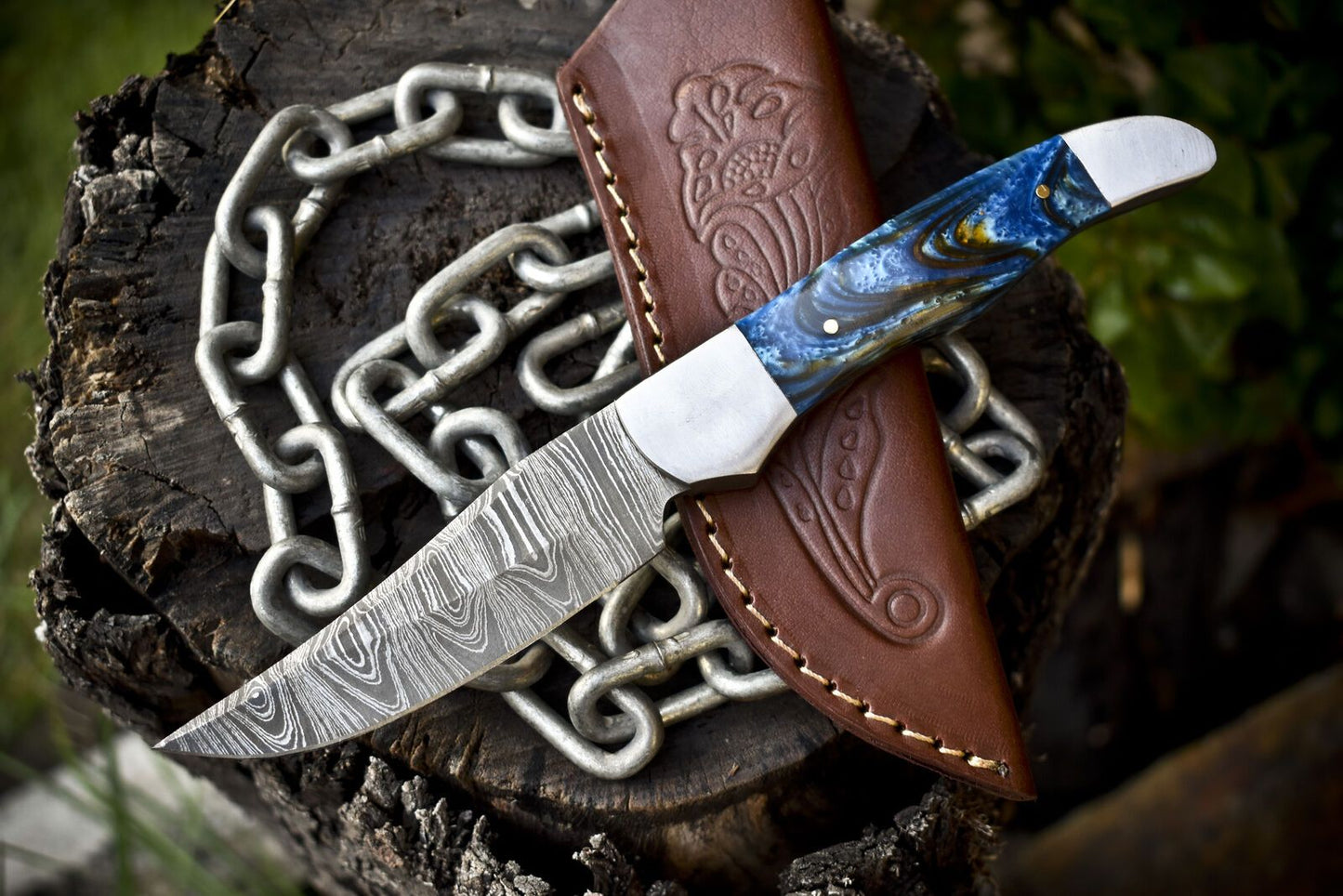 Twist Damascus Skinner Knife with Micarta Handle and Steel Bolster – 9.5" Custom Hunting Blade