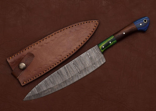 Unique Custom Damascus Steel Chef Knife | Full Tang Fillet Knife with Leather Sheath