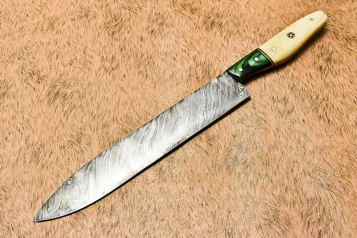 Unique Handmade Damascus Steel Hunting Chef Knife with Camel Bone Handle – 13"