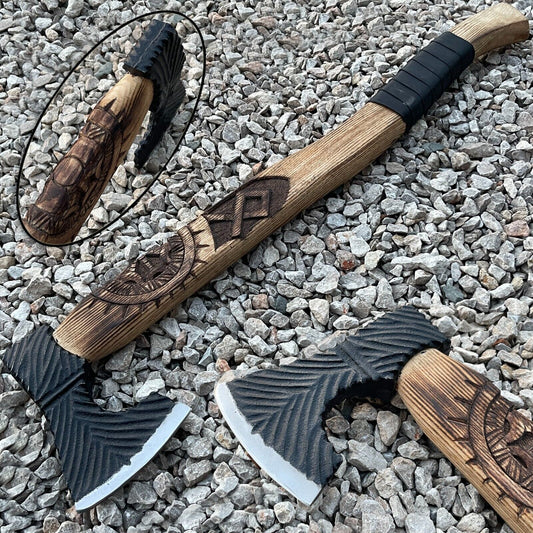 Unique Handmade Viking Axe with Carbon Steel Blade and Ash Wood Handle Camping Tomahawk with Leather Sheath