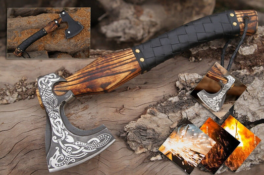 Valhalla Viking Axe Hand Forged Carbon Steel Battle Ready Hatchet with Wooden Handle and Leather Sheath