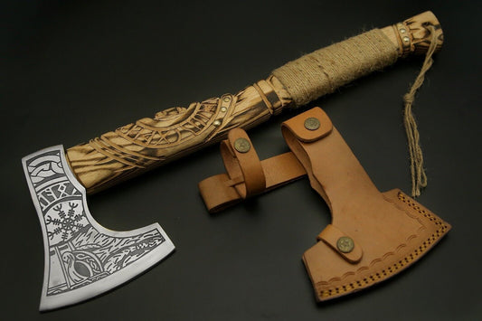 Viking Axe Handmade Carbon Steel Bearded Camping Hatchet with Ash Wood Handle 19 Inch