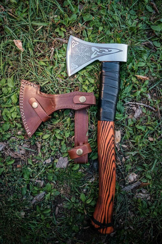 Viking Axe Handmade Carbon Steel Camping Hatchet with Wood Handle and Leather Sheath