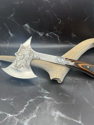 Viking Axe Knife – Wolf Engraved Stainless Steel Fixed Blade with Wood Handle and Sheath