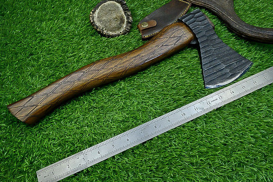 Viking Battle Tomahawk Axe – Handcrafted Carbon Steel Blade with Rose Wood Handle and Leather Sheath, 17 Inch