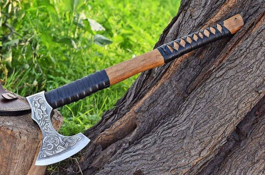 Viking Handmade High Carbon Steel Bearded Tomahawk Axe with Engraved Head and Leather Sheath