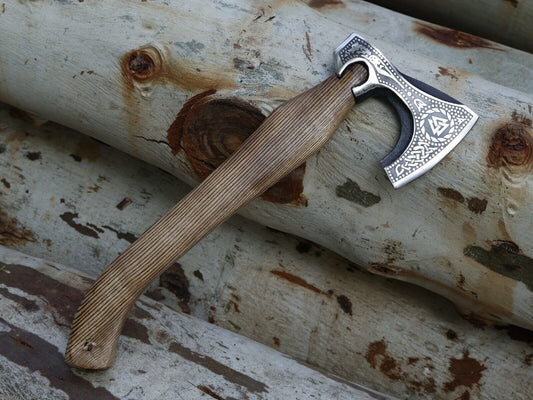 Viking Handmade Tomahawk with Ash Wood Handle and Leather Sheath