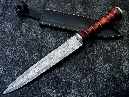 16.5 Inch Damascus Dagger Knife with Natural Wood Handle and Brass Spacers