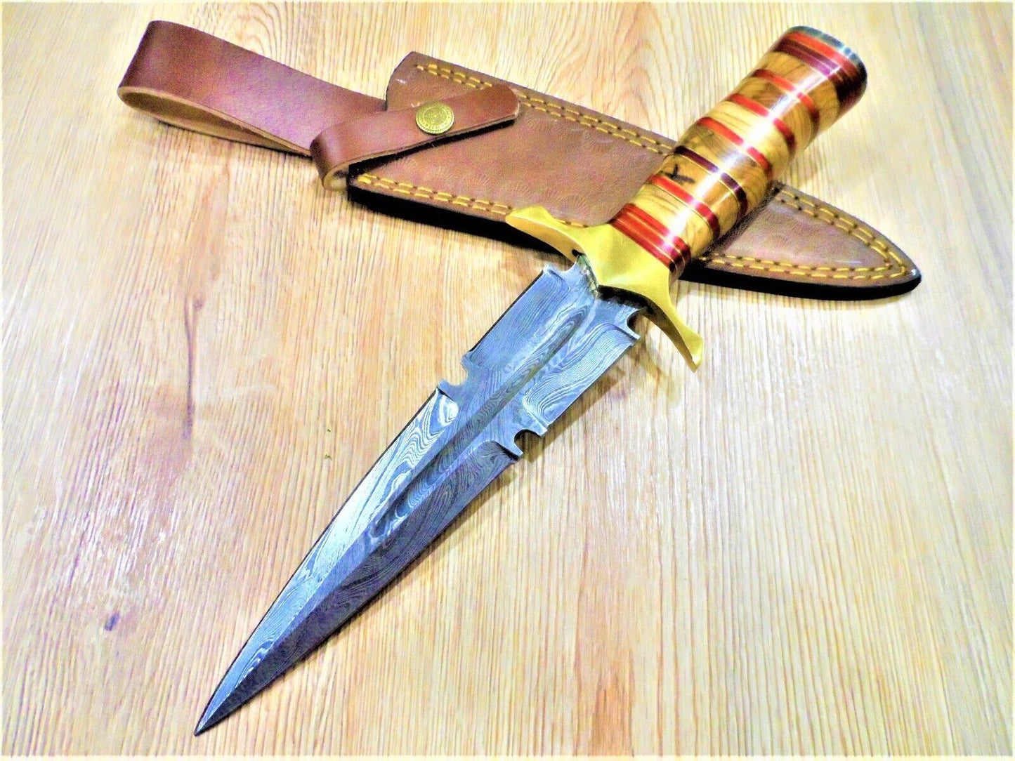 11 Inch Custom Damascus Steel Double Edge Bowie Dagger with Olive Wood Handle