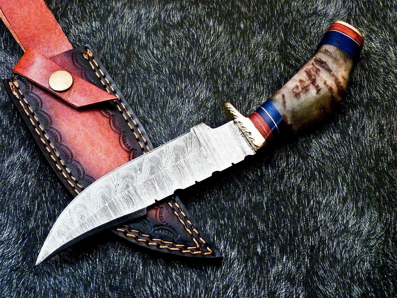Heritage Forge 10 Inch Damascus Bowie Knife with Ram Horn and Hardwood Handle