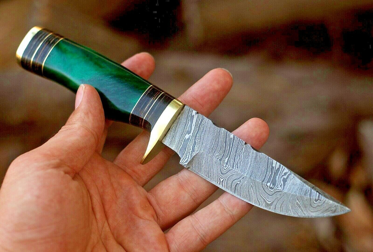 8" Handmade Damascus Steel Skinner Knife | Resin Handle with Brass Guard