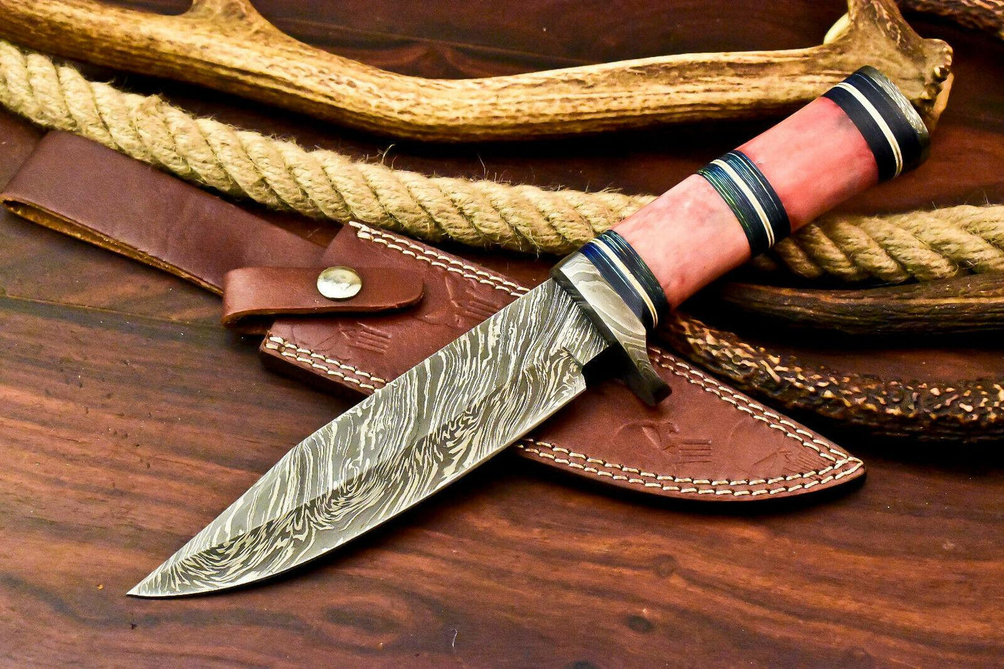 12" Damascus Steel Bowie Knife – Camel Bone Handle | Handmade Hunting Blade