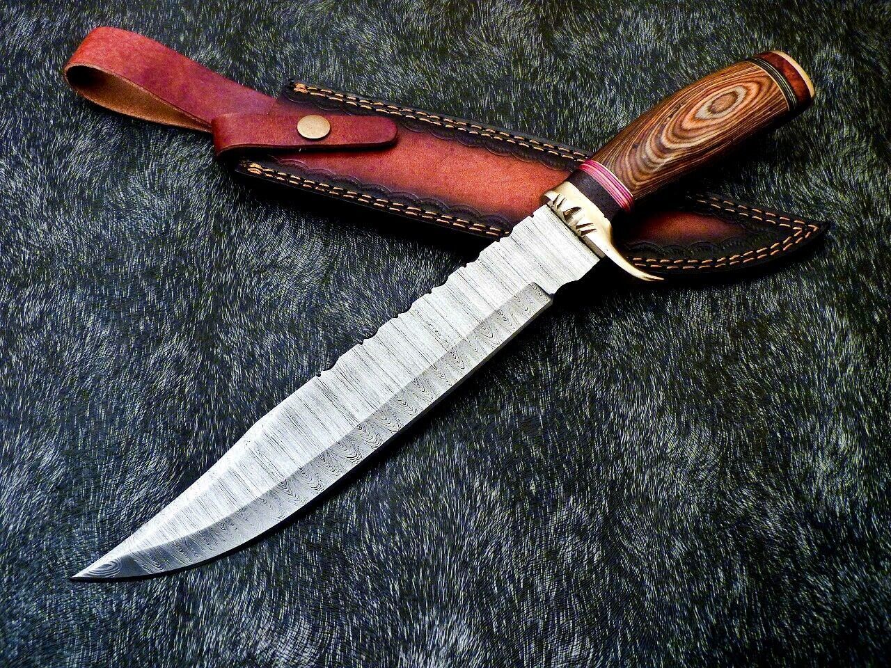 Heritage Forge 15 Inch Damascus Steel Bowie Knife with Hardwood Handle and Brass Bolster