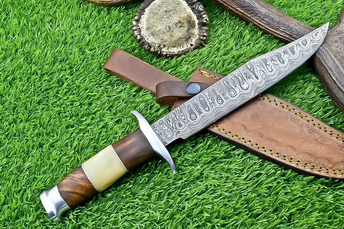 Heritage Forge 13 Inch Damascus Bowie Knife with Camel Bone and Wood Handle