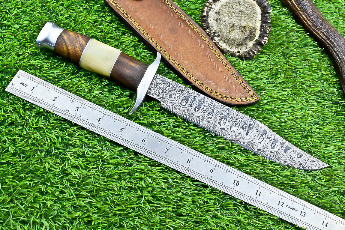 Heritage Forge 13 Inch Handmade Damascus Steel Bowie Knife with Camel Bone and Wood Handle and Leather Sheath