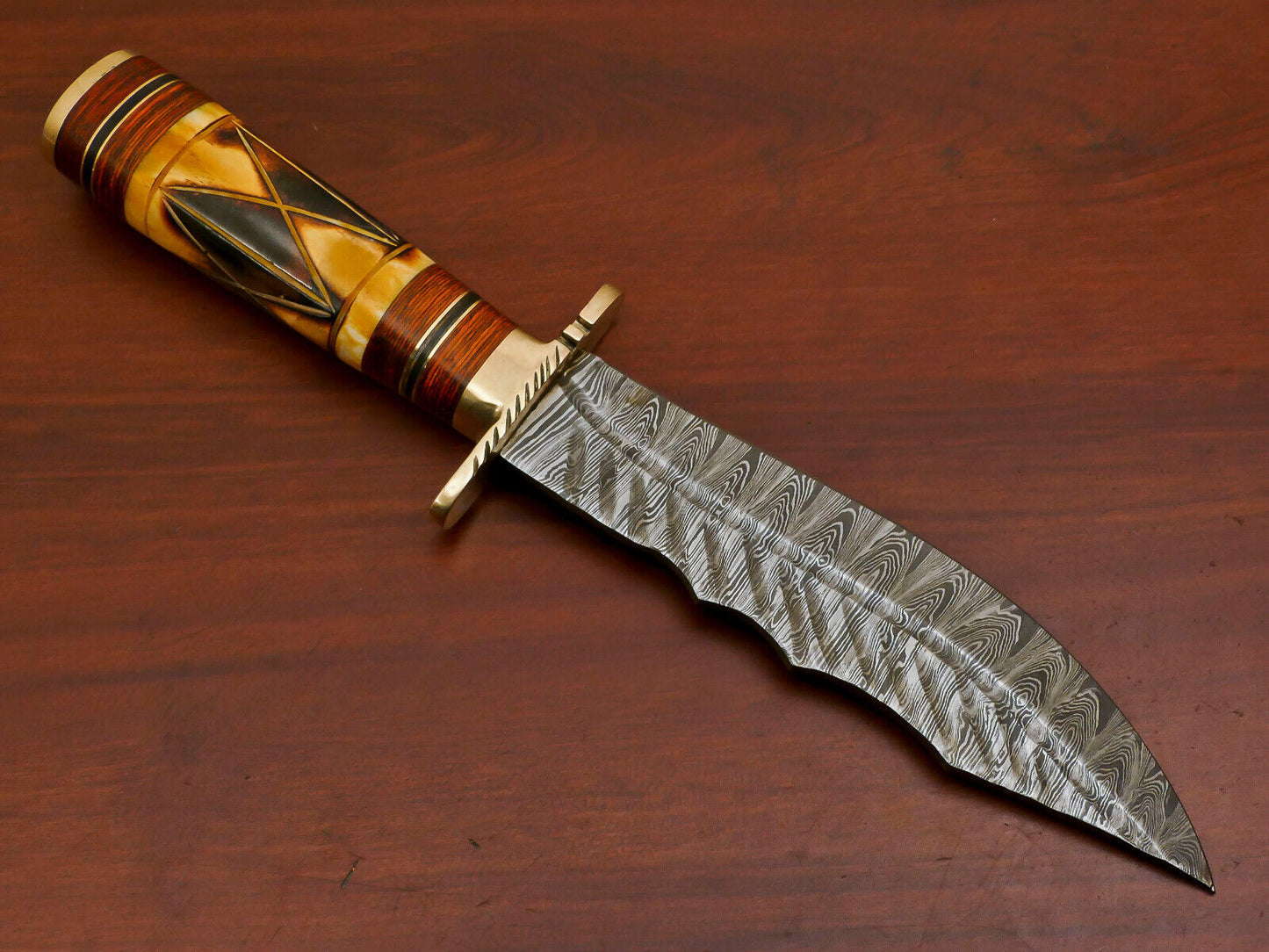Heritage Forge 12 Inch Damascus Steel Bowie Hunting Knife with Camel Bone and Pakka Wood Handle