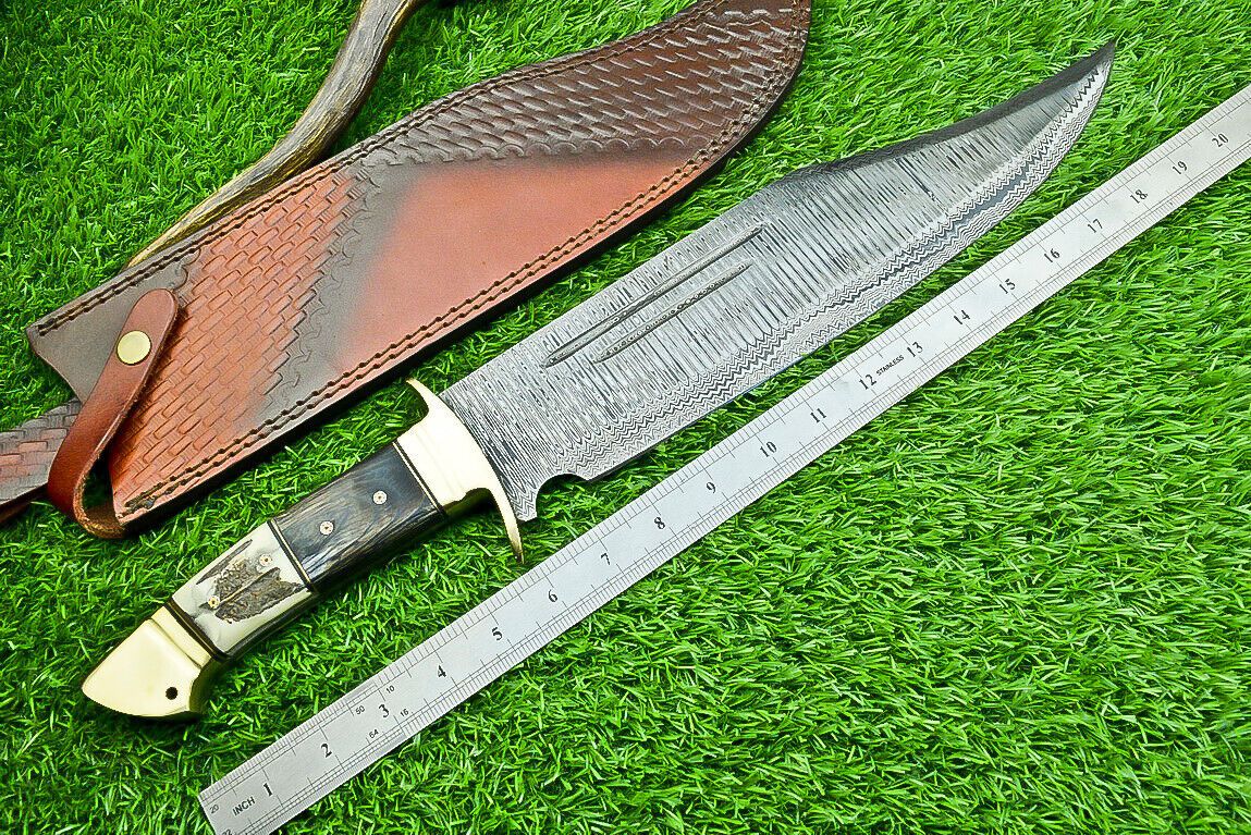Heritage Forge 21 Inch Damascus Steel Bowie Knife with Stag Horn and Hardwood Handle
