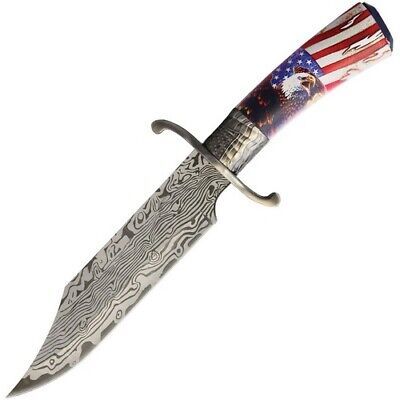 Heritage Forge 12.5 Inch Patriotic Bowie Knife with Faux Damascus Stainless Blade and American Flag ABS Handle