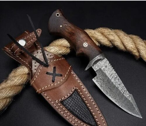 Heritage Forge 11 Inch Handmade Damascus Steel Bowie Hunting Knife with Wooden Handle and Leather Sheath