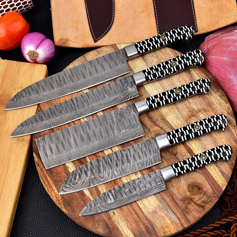Damascus steel knife set including chef knives, cooking knives, and kitchen blades