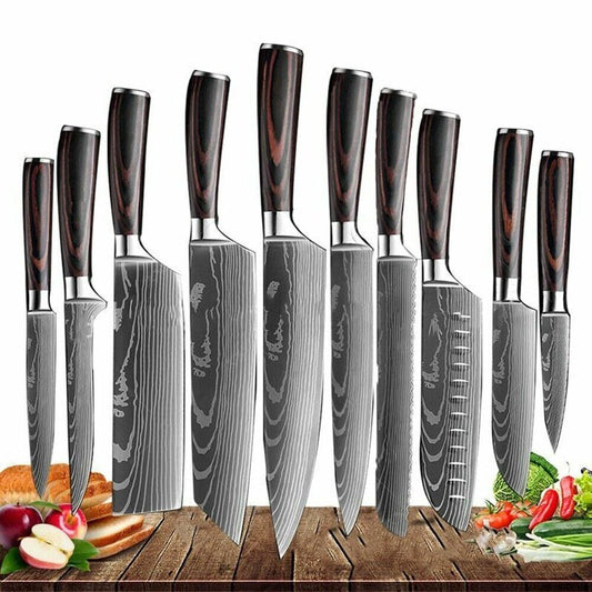 10-Piece Japanese Damascus Kitchen Knife Set with Scabbard