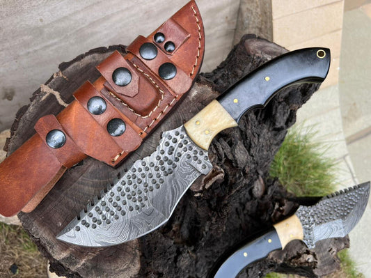 10.0" Custom Handmade Damascus Steel Tracker Knife | Full Tang Bull Horn Handle