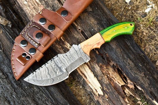 10.0" Custom Handmade Damascus Steel Tracker Knife | Full Tang Hardwood Handle