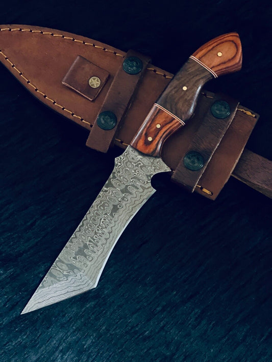 10.0" Damascus Bowie Knife Damascus Steel Knife With Wood Handle & Leather Sheath