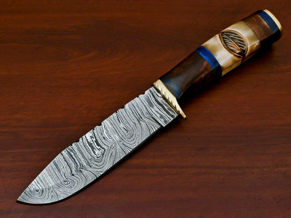 10.0" Hand Forged Damascus Bowie Knife Damascus Steel Knife With Bone & Rose Wood Handle 