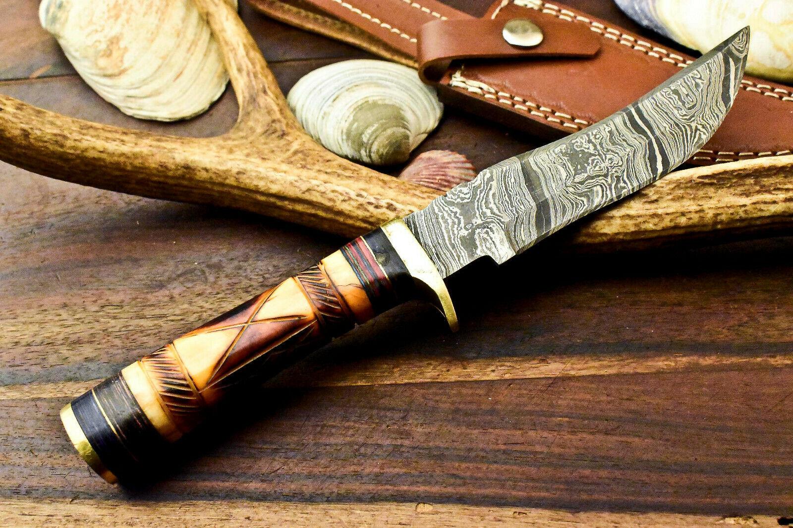 10.0" Handmade Damascus Bowie Knife Dmascus Steel Knife With Camel Bone Handle & Sheath