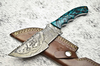 10.0" Handmade Damascus Steel Blade Tracker Knife | Corian Handle