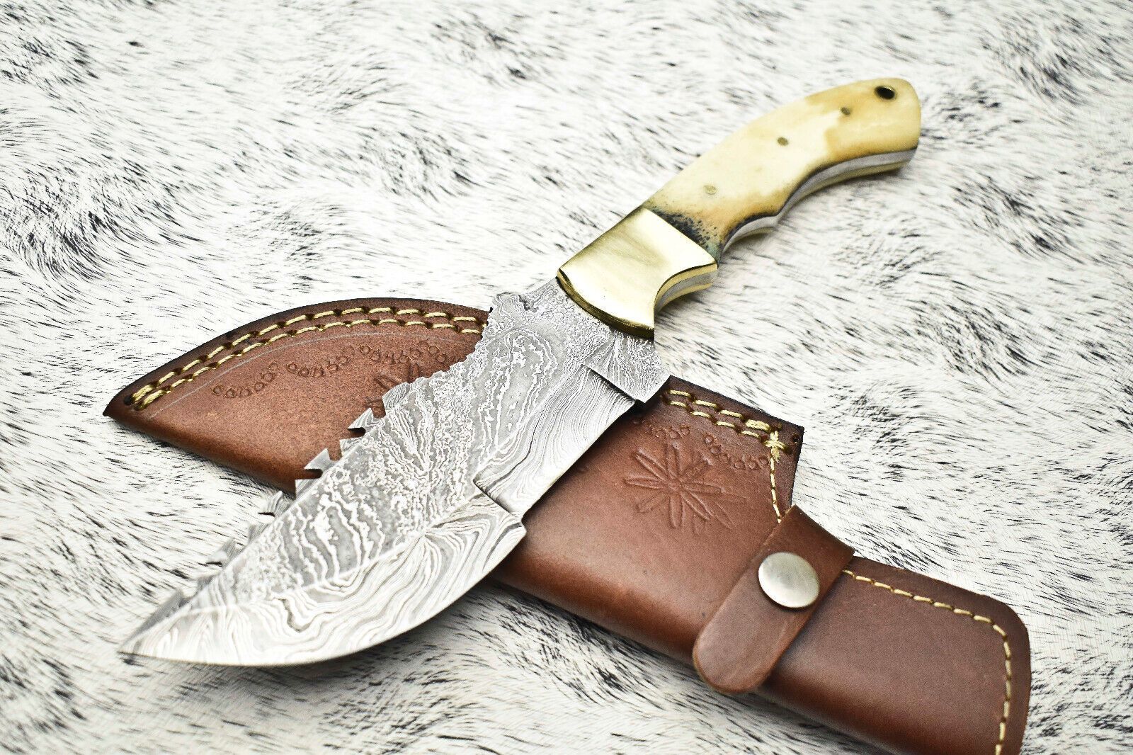10.0" Handmade Damascus Steel Blade Tracker Knife | Polished Camel Bone Handle