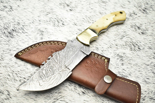 10.0" Handmade Damascus Steel Blade Tracker Knife | Polished Camel Bone Handle
