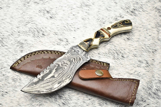 10.0" Handmade Damascus Steel Tracker Knife | Burnt Camel Bone Handle with Leather Sheath