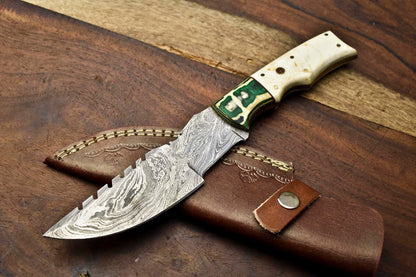 10.0" Handmade Damascus Steel Tracker Knife | Camel Bone Full Tang Survival Blade