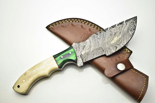 10.0" Handmade Damascus Steel Tracker Knife | Camel Bone Handle