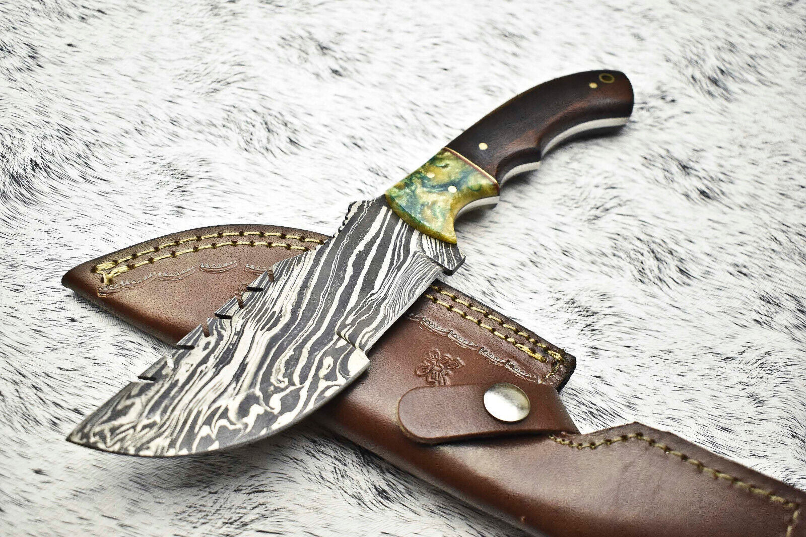 10.0" Handmade Damascus Steel Tracker Knife | Camel Bone Handle Full Tang Blade