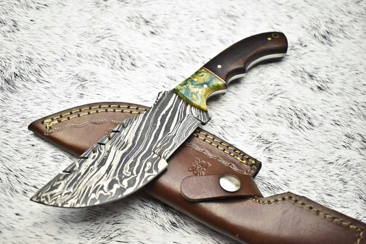 10.0" Handmade Damascus Steel Tracker Knife | Camel Bone Handle Full Tang Blade