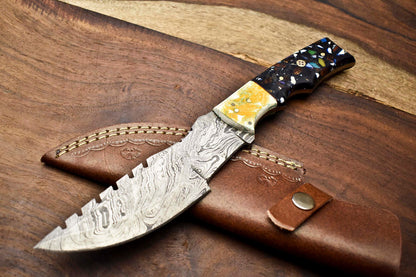 10.0" Handmade Damascus Steel Tracker Knife | Corian Handle Full Tang Survival Blade