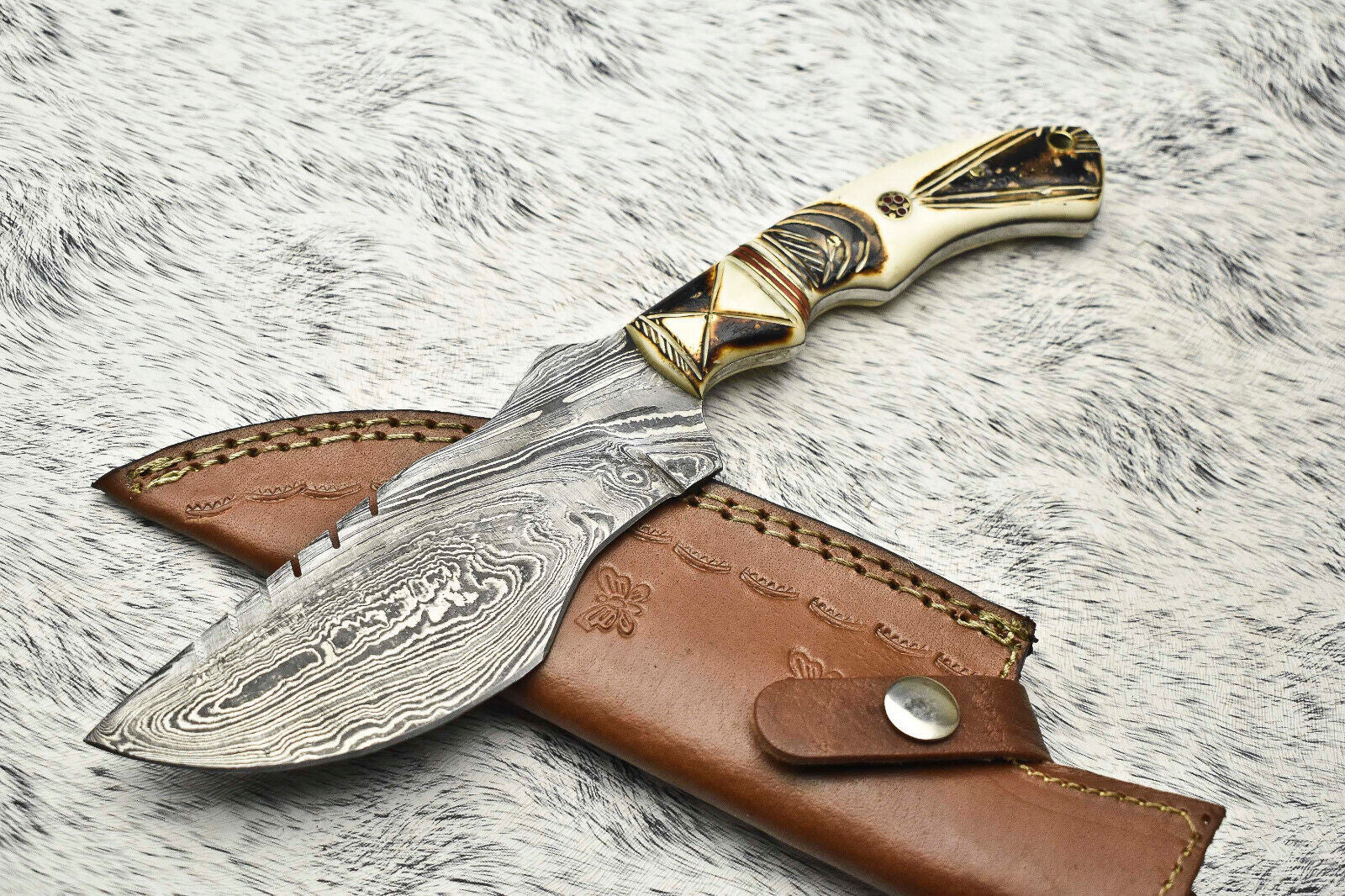10.0" Handmade Damascus Steel Tracker Knife – Full Tang Hunting, Camping & Survival Knife with Hardwood Handle & Leather Sheath