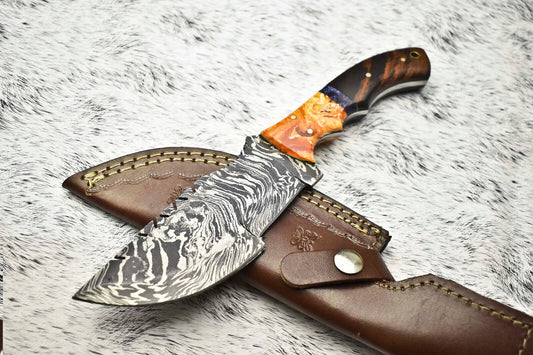 10.0" Handmade Damascus Steel Tracker Knife | Hardwood Handle + Leather 
